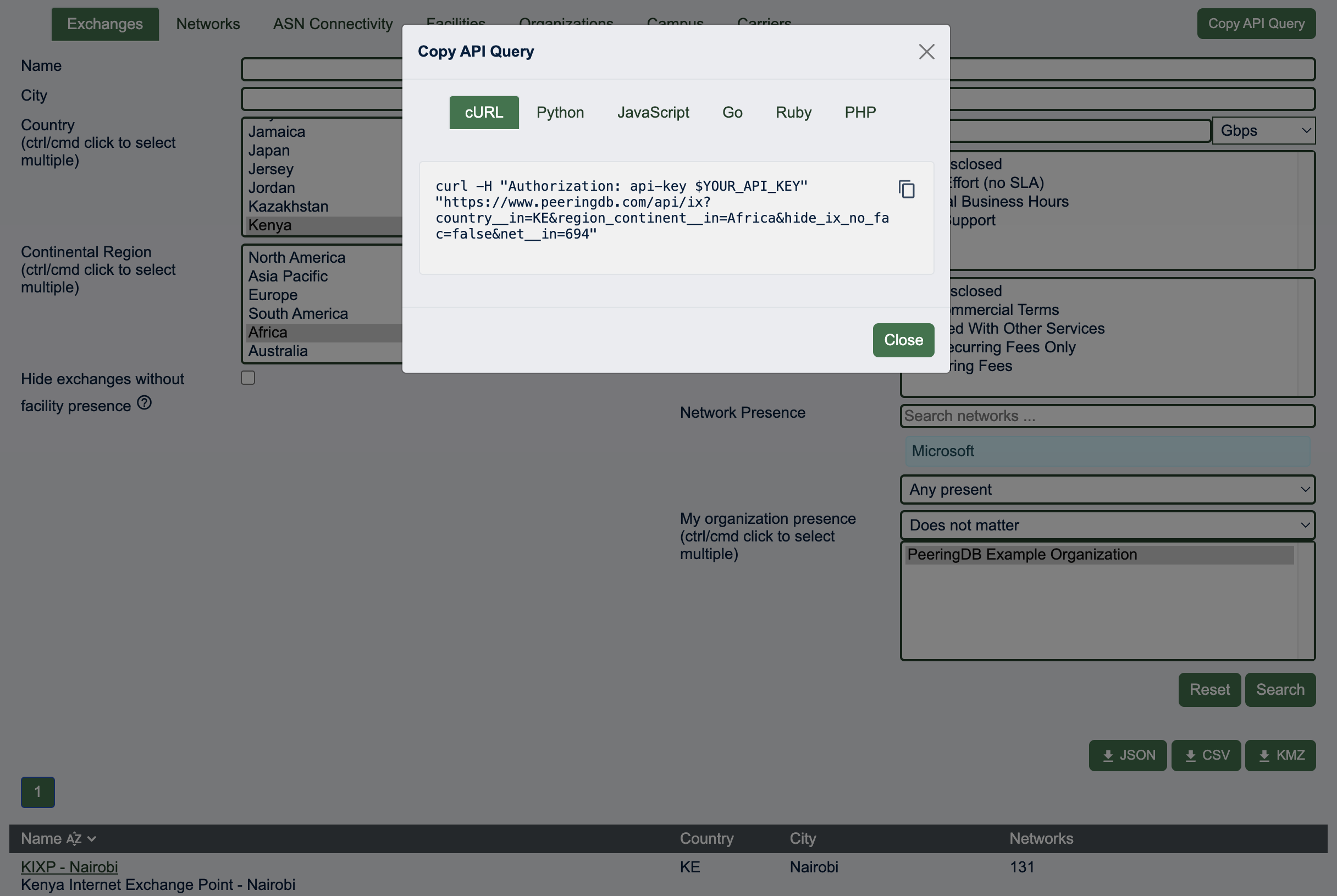 PeeringDB Advanced Search Copy API Query Feature