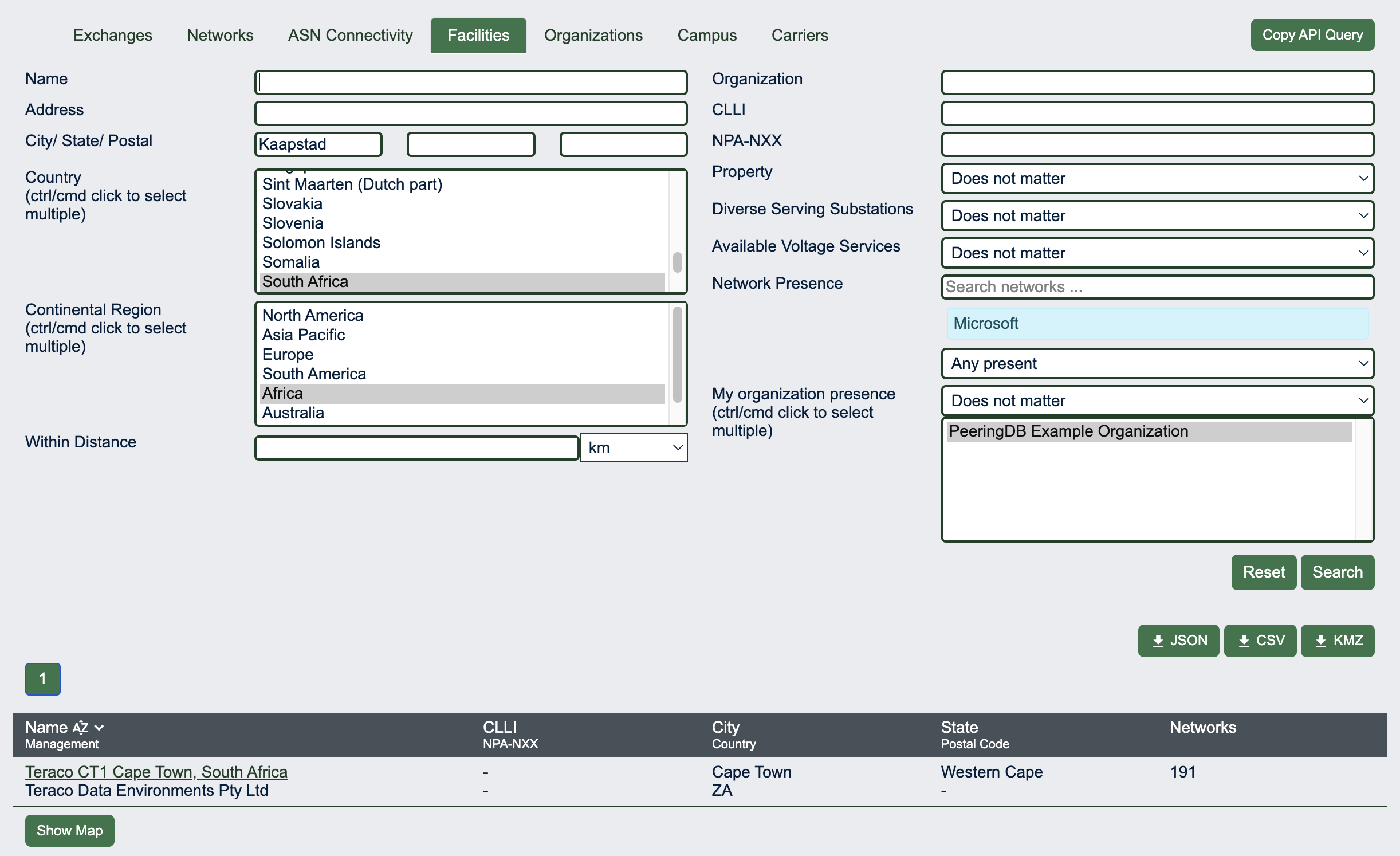 PeeringDB Location Data Normalization in Search Results
